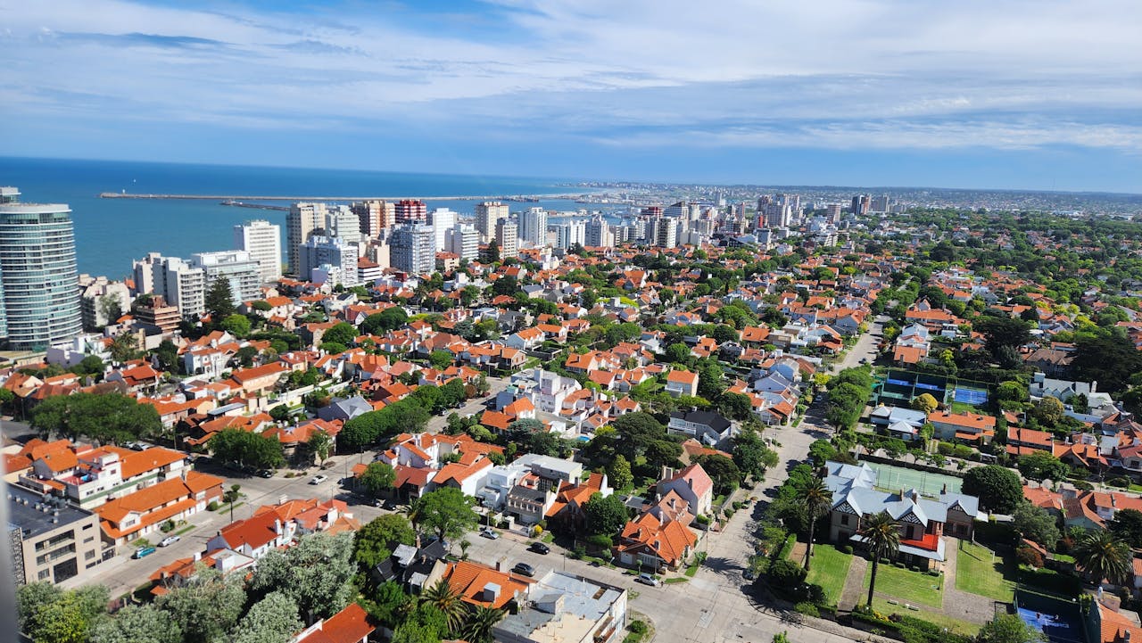 services-03 A scenic aerial view of a coastal city with red-roofed houses and modern skyline under a bright blue sky.